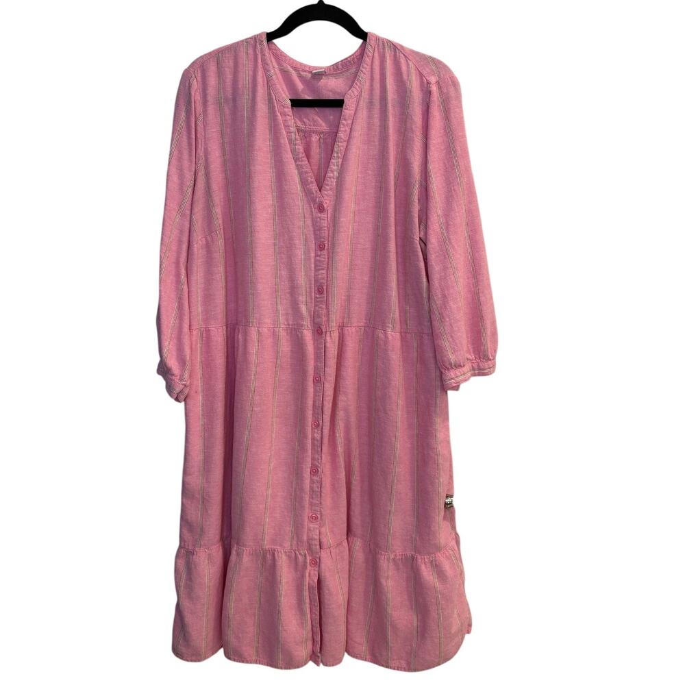 Old Navy Pink Striped Button Front Midi Dress 3/4 Sleeve Tiered Preppy Size XXL